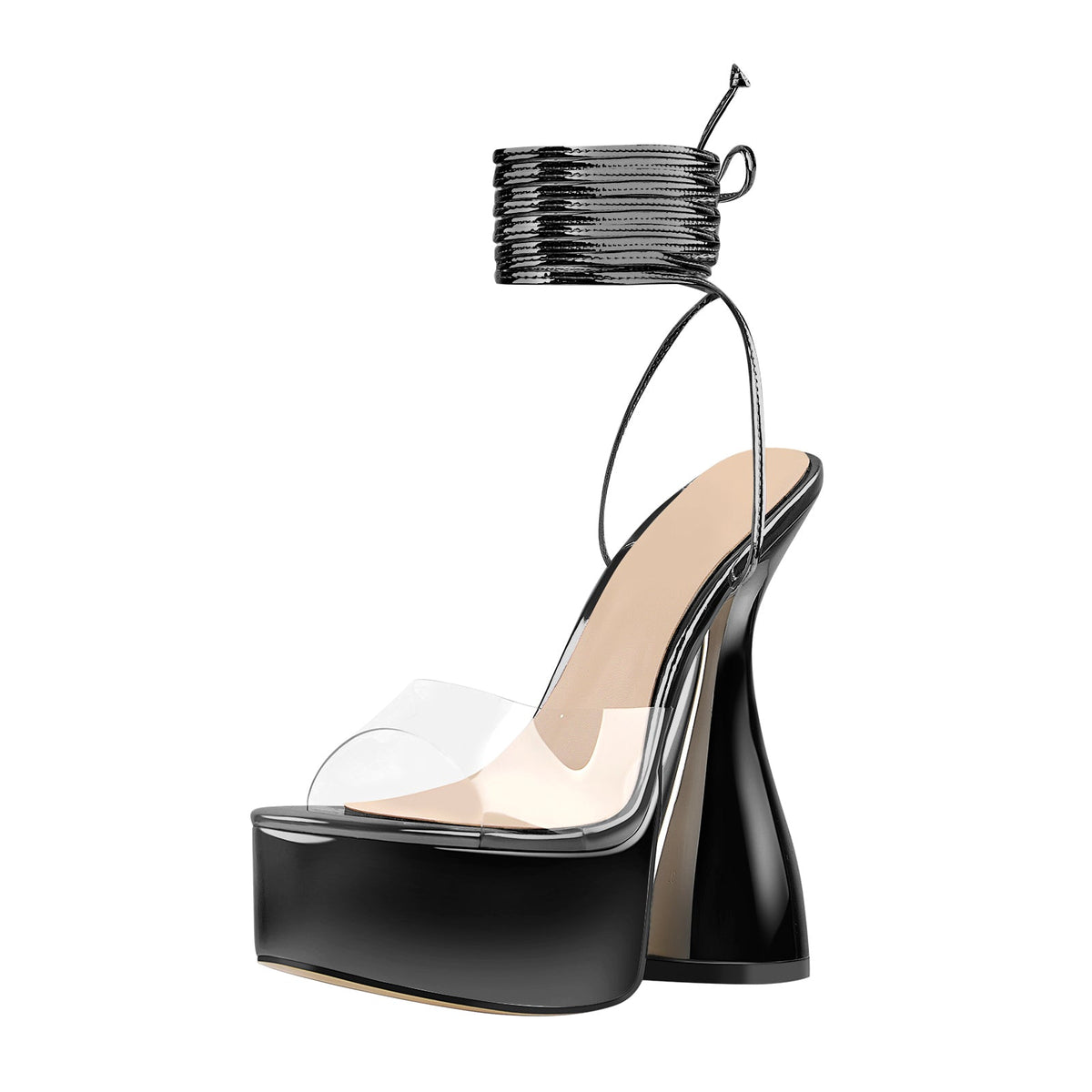 Black Platform Lace up Chunky High Heel Sandals - Onlymaker New