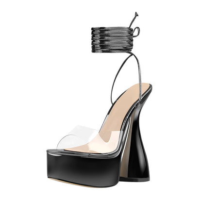 Black Platform Lace up Chunky High Heel Sandals - Onlymaker New