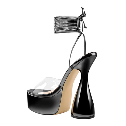 Black Platform Lace up Chunky High Heel Sandals - Onlymaker New