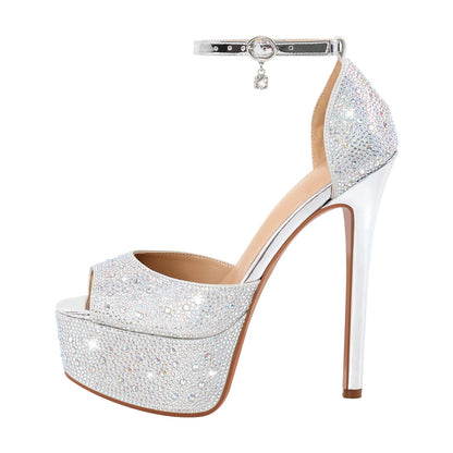 Rhinestone Peep Toe High Heel Platform Sandals - Onlymaker Best Seller