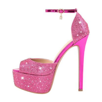 Rhinestone Peep Toe High Heel Platform Sandals - Onlymaker Best Seller