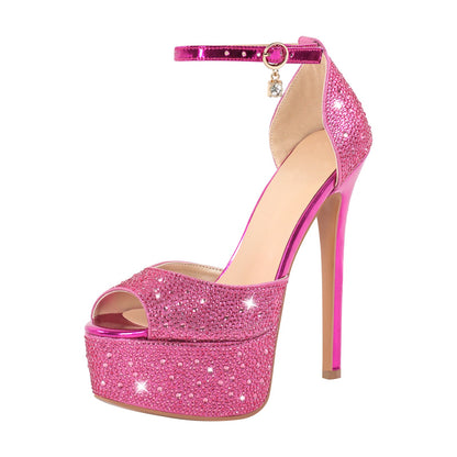 Rhinestone Peep Toe High Heel Platform Sandals - Onlymaker Best Seller