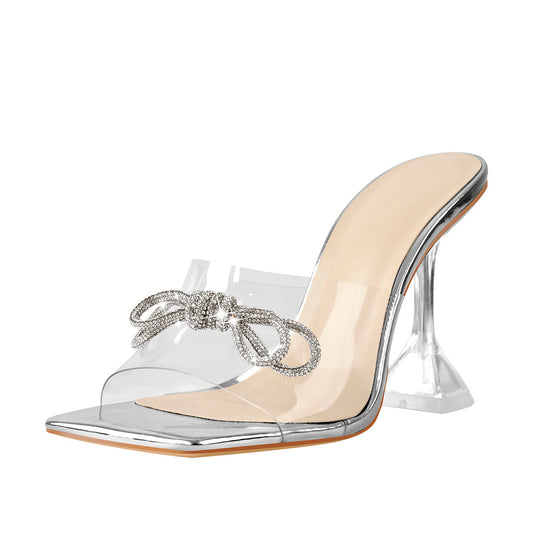Silver Bow Transparent Clear High Heel Square Toe Sandals - Onlymaker Best Seller