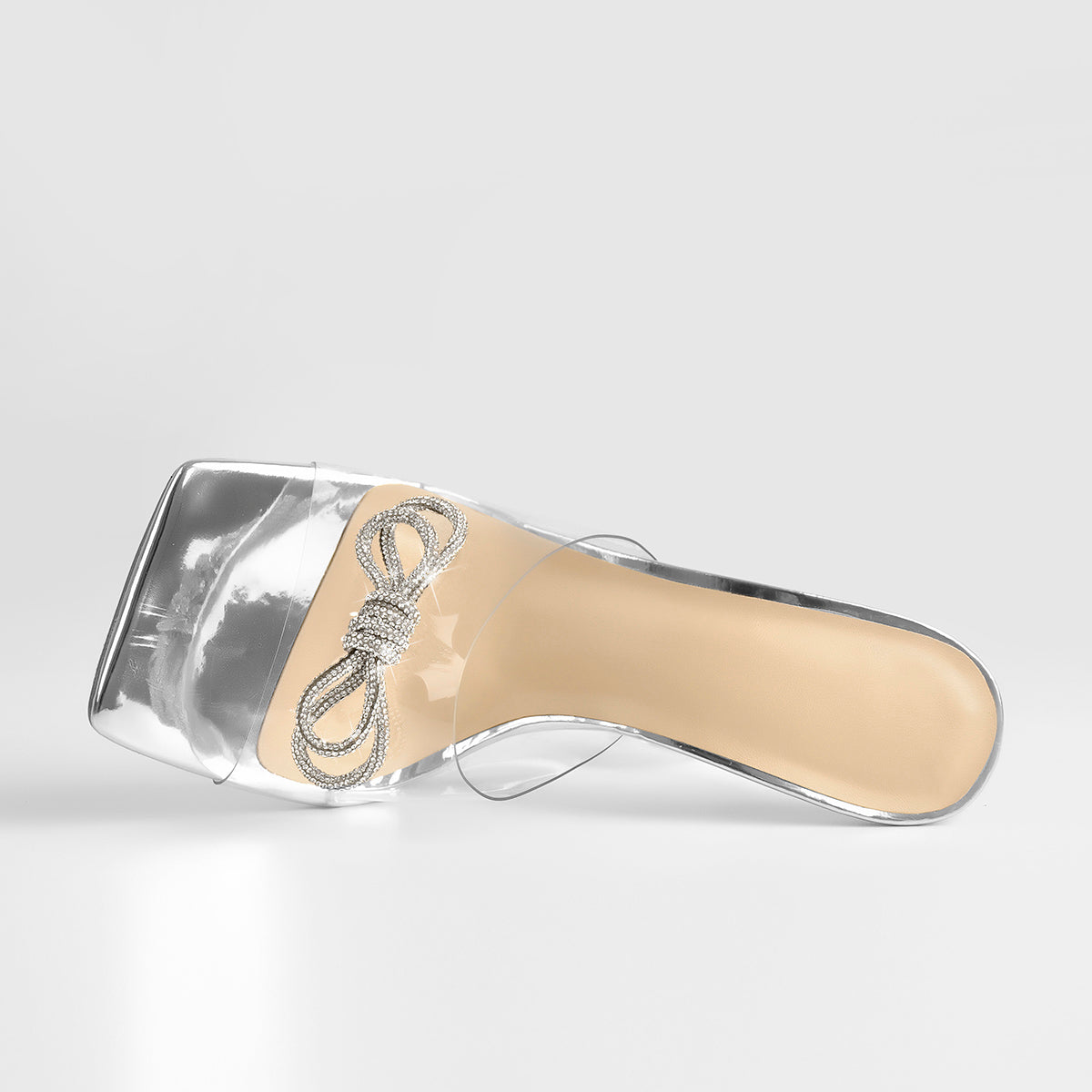 Silver Bow Transparent Clear High Heel Square Toe Sandals - Onlymaker Best Seller