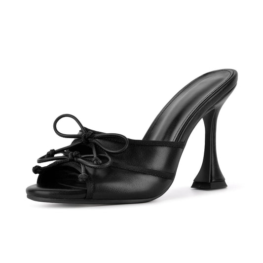 Round Toe Double Bow Tapered Heel Mules - Onlymaker Value