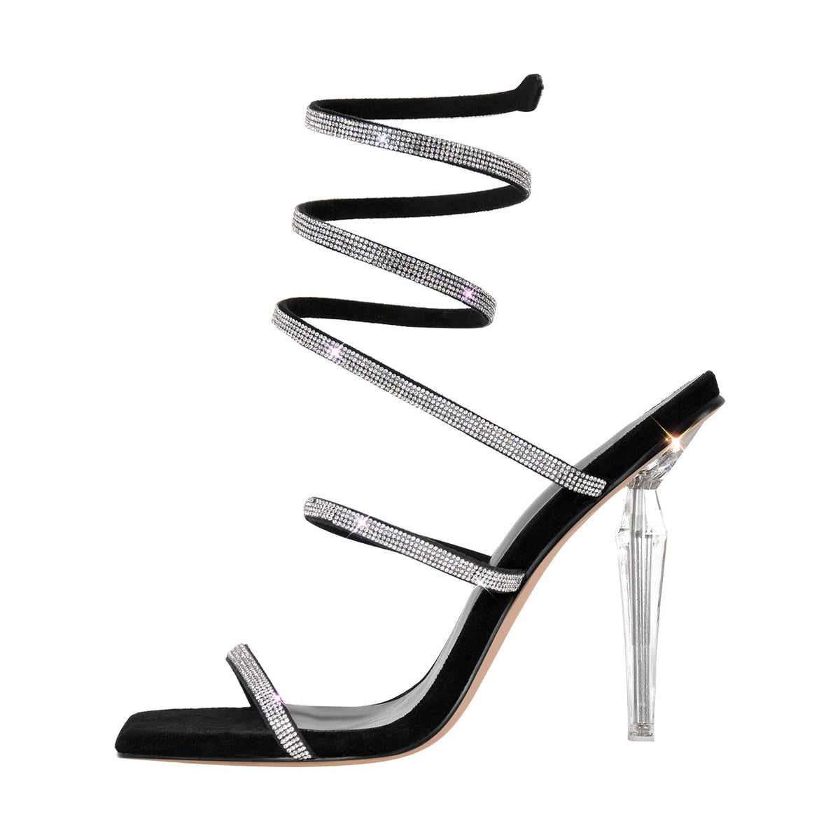Square Toe Rhinestone Hollow Clear Heel Sandals - Onlymaker Top Pick