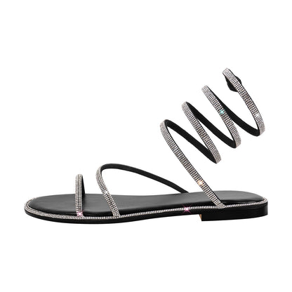 Rhinestone Round Toe Strap Flats - Onlymaker Trending