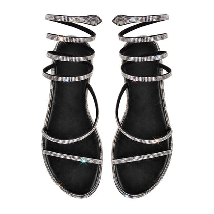Rhinestone Round Toe Strap Flats - Onlymaker Trending