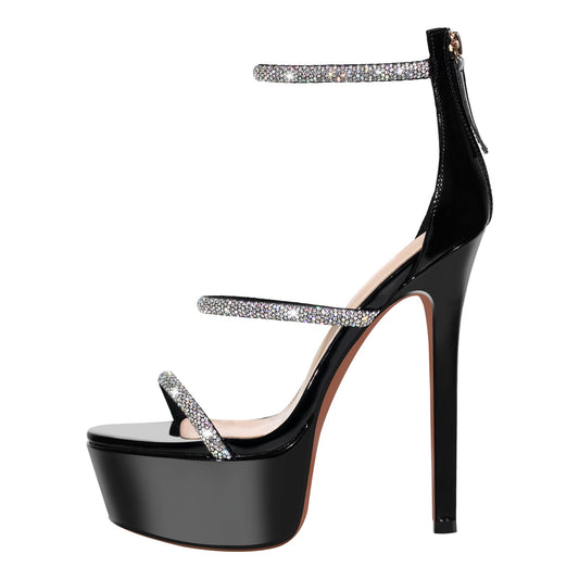 Rhinestone Open Toe Stiletto Platform Sandals - Onlymaker Smart Buy