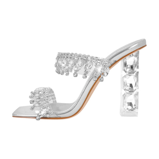 Silver Rhinestone Square Toe Clear Chunky Heel Sandals - Onlymaker Best Seller