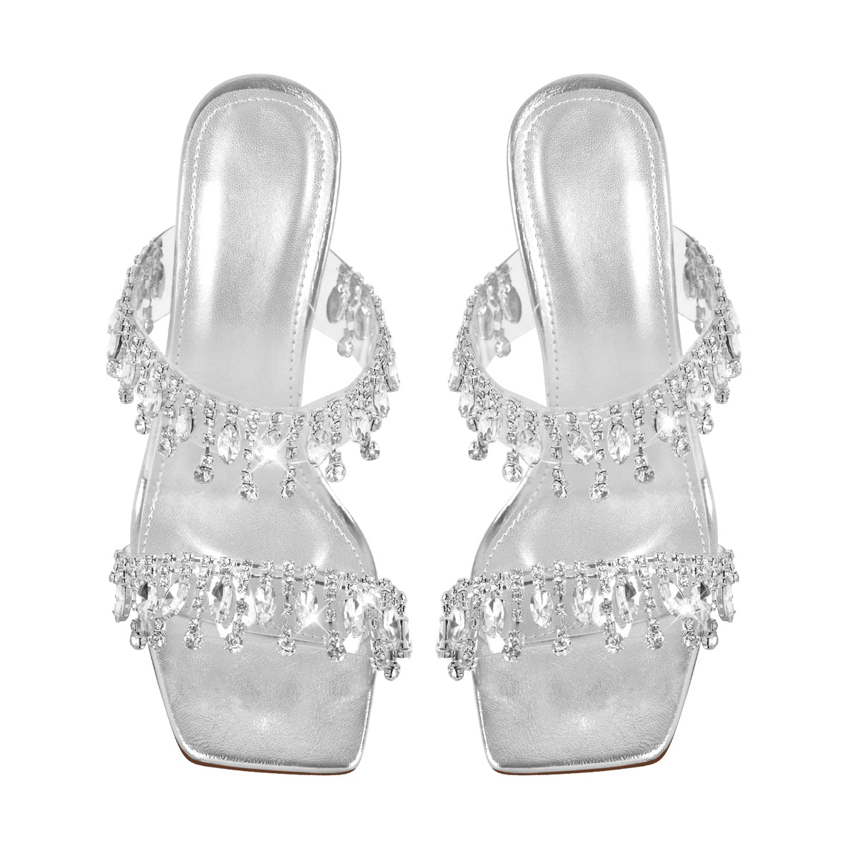 Silver Rhinestone Square Toe Clear Chunky Heel Sandals - Onlymaker Best Seller