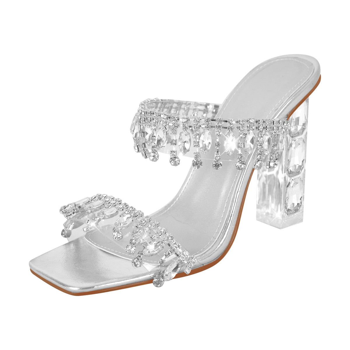 Silver Rhinestone Square Toe Clear Chunky Heel Sandals - Onlymaker Best Seller