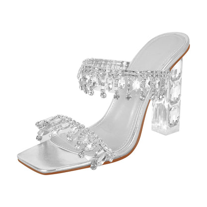 Silver Rhinestone Square Toe Clear Chunky Heel Sandals - Onlymaker Best Seller