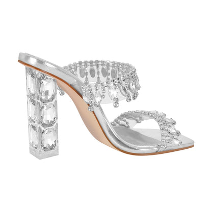 Silver Rhinestone Square Toe Clear Chunky Heel Sandals - Onlymaker Best Seller