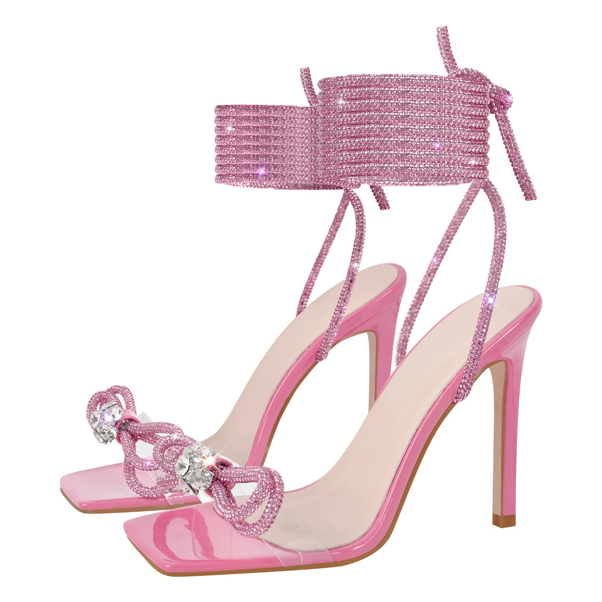 Square Toe Rhinestone Lace-up Stiletto Sandals - Onlymaker Latest