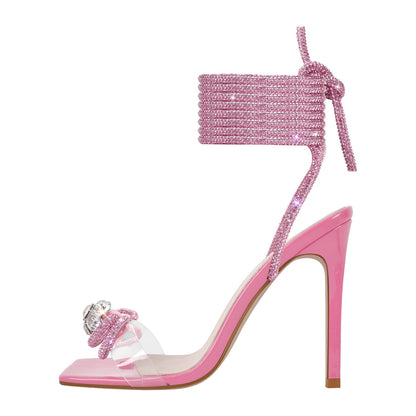 Square Toe Rhinestone Lace-up Stiletto Sandals - Onlymaker Latest