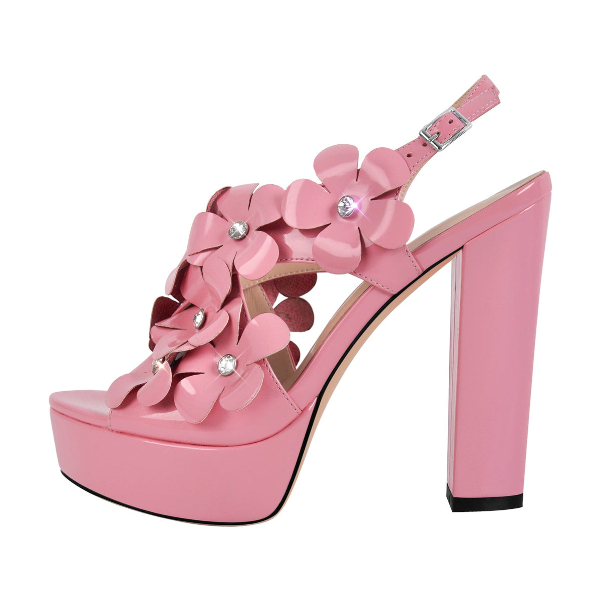 Flower Rhinestone Platform Chunky Heel Slingback Sandals - Onlymaker New
