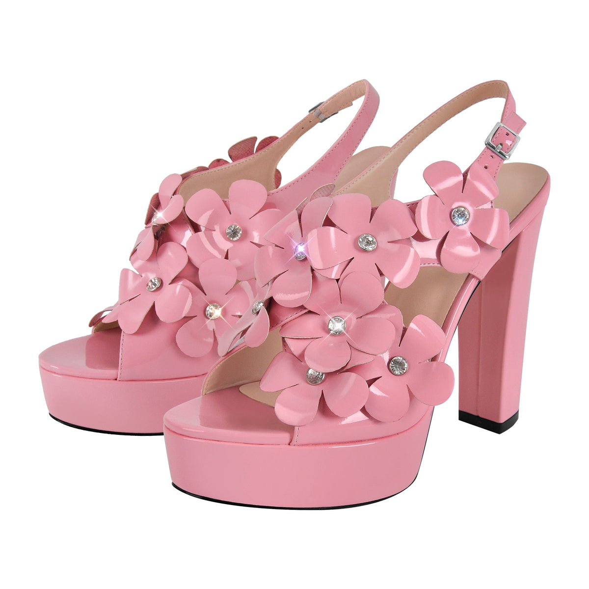 Flower Rhinestone Platform Chunky Heel Slingback Sandals - Onlymaker New