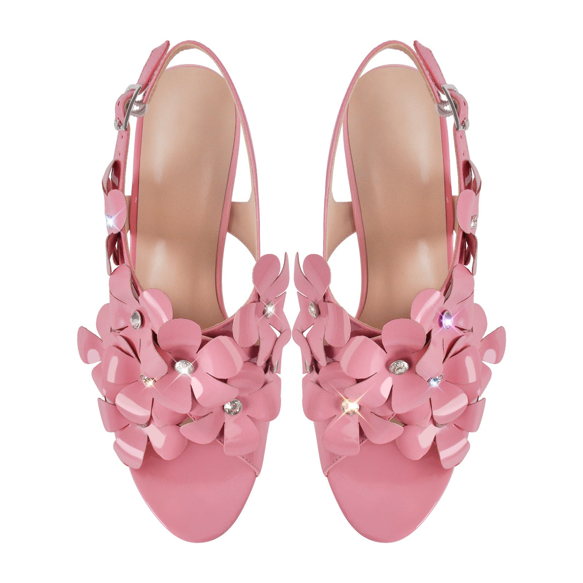 Flower Rhinestone Platform Chunky Heel Slingback Sandals - Onlymaker New