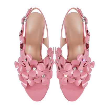 Flower Rhinestone Platform Chunky Heel Slingback Sandals - Onlymaker New