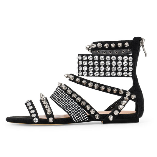 Rivet Rhinestone Suede Back Zipper Flats - Onlymaker Special Offer