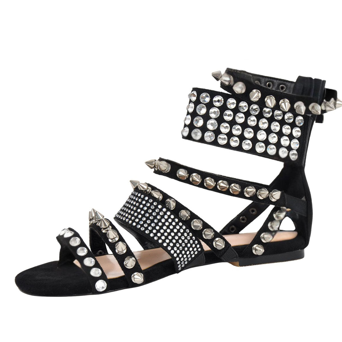 Rivet Rhinestone Suede Back Zipper Flats - Onlymaker Special Offer