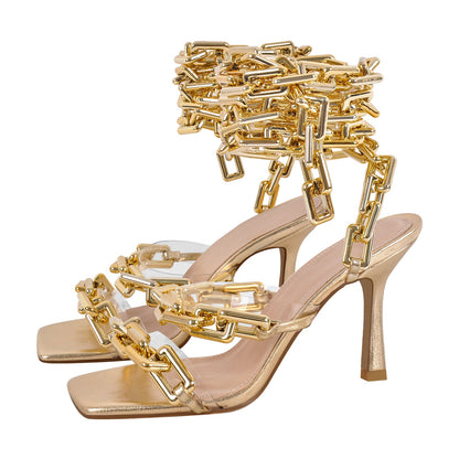 Gold Square Toe Metal Chain Lace-up Stiletto Sandals - Onlymaker Customer Favorite