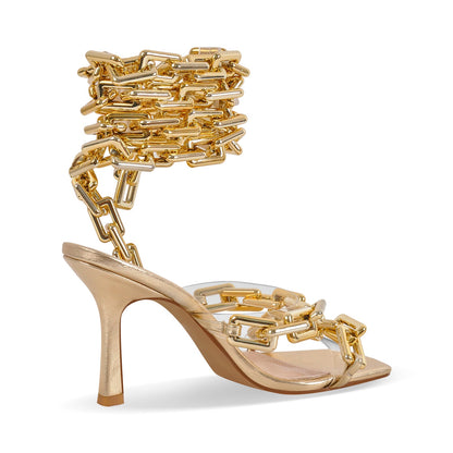 Gold Square Toe Metal Chain Lace-up Stiletto Sandals - Onlymaker Customer Favorite