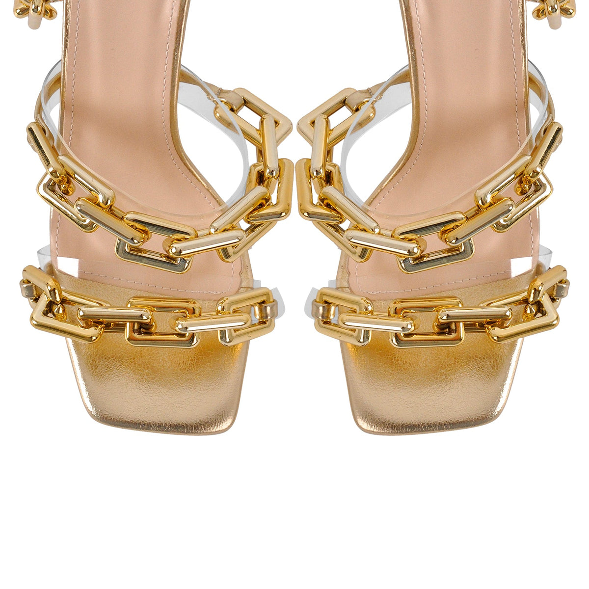 Gold Square Toe Metal Chain Lace-up Stiletto Sandals - Onlymaker Customer Favorite