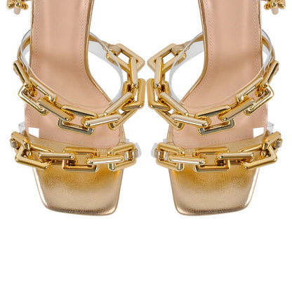 Gold Square Toe Metal Chain Lace-up Stiletto Sandals - Onlymaker Customer Favorite