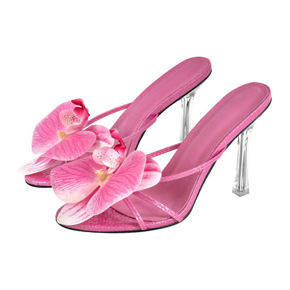 Flower Round Toe Clear Heel Thong Sandals Mules - Onlymaker Latest