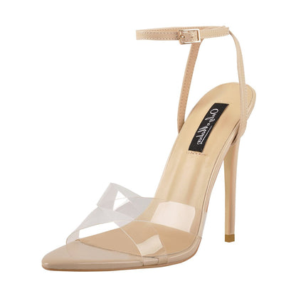 Clear Cross Band Pointy Open Toe Beige High Heel Sandals - Onlymaker Essential