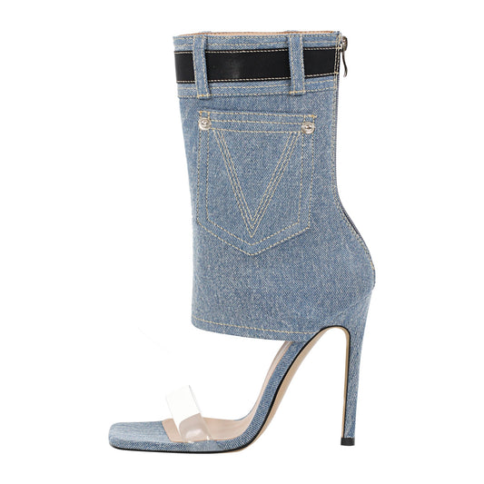 Denim Square Toe Stiletto Ankle Sandals - Onlymaker Classic