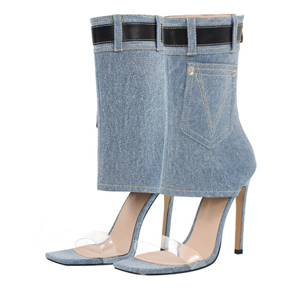 Denim Square Toe Stiletto Ankle Sandals - Onlymaker Classic