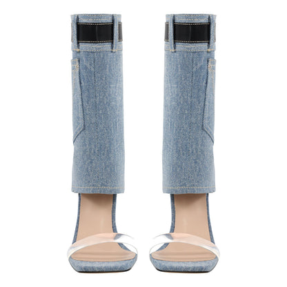 Denim Square Toe Stiletto Ankle Sandals - Onlymaker Classic