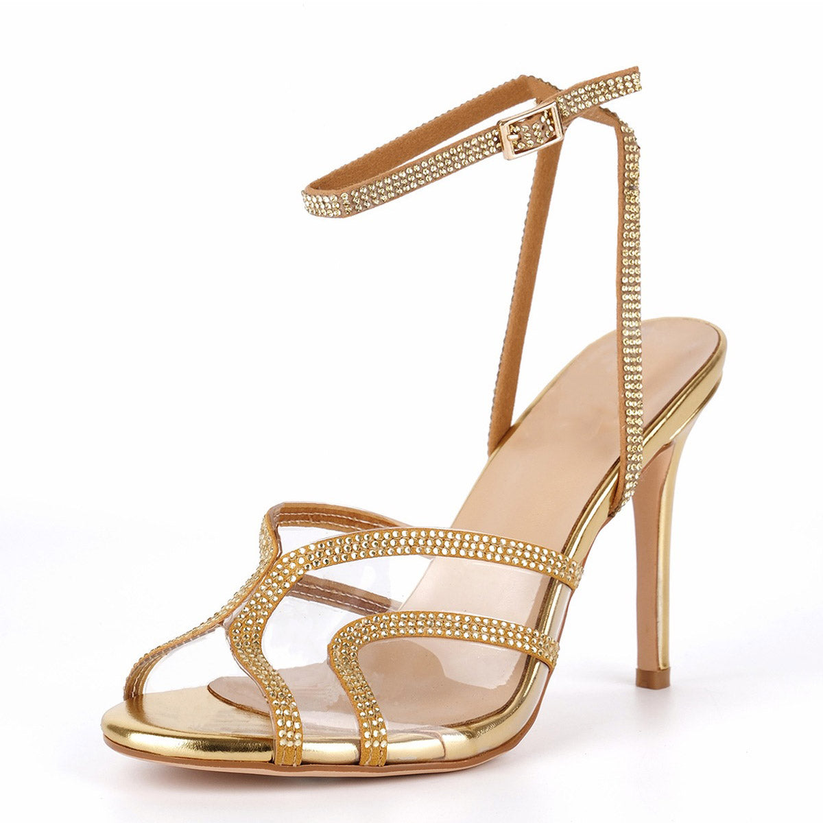 Clear Rhinestone Ankle Strap Stiletto Sandals - Onlymaker Hot Sale