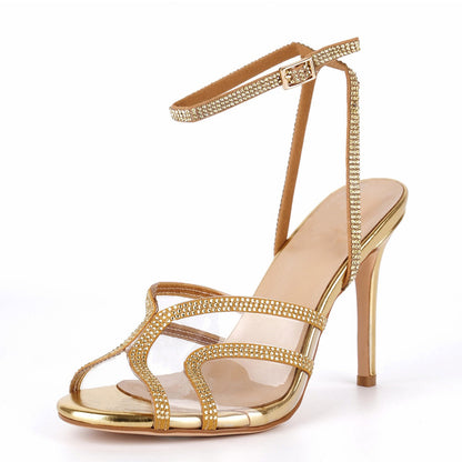Clear Rhinestone Ankle Strap Stiletto Sandals - Onlymaker Hot Sale