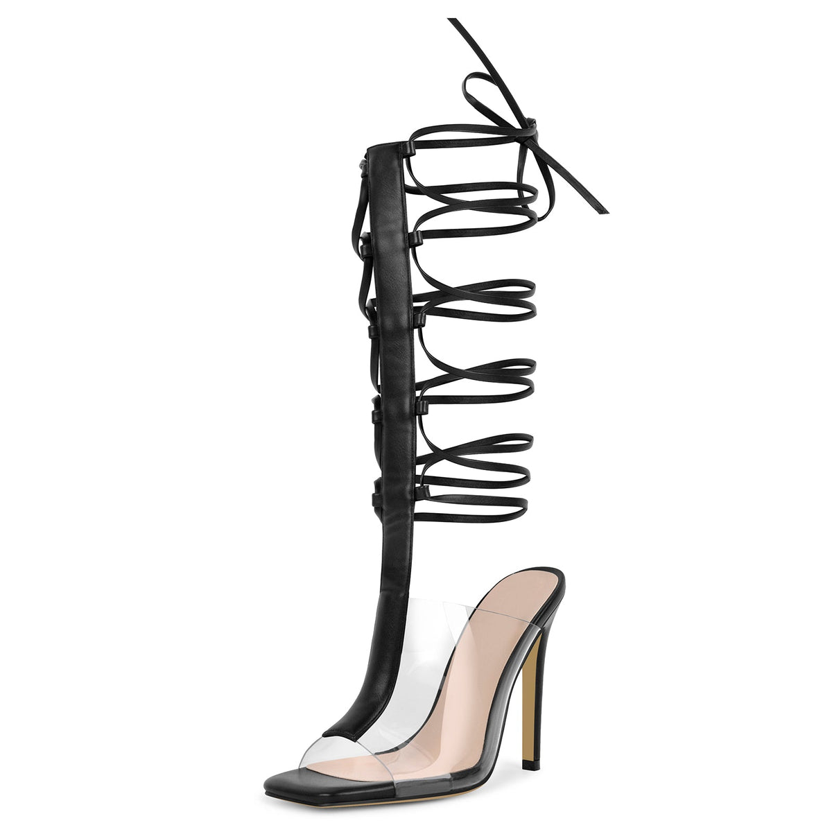 Square Toe Clear Strappy Lace-up Sandals - Onlymaker Essential