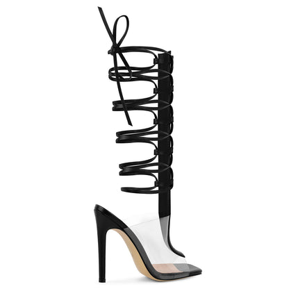 Square Toe Clear Strappy Lace-up Sandals - Onlymaker Essential