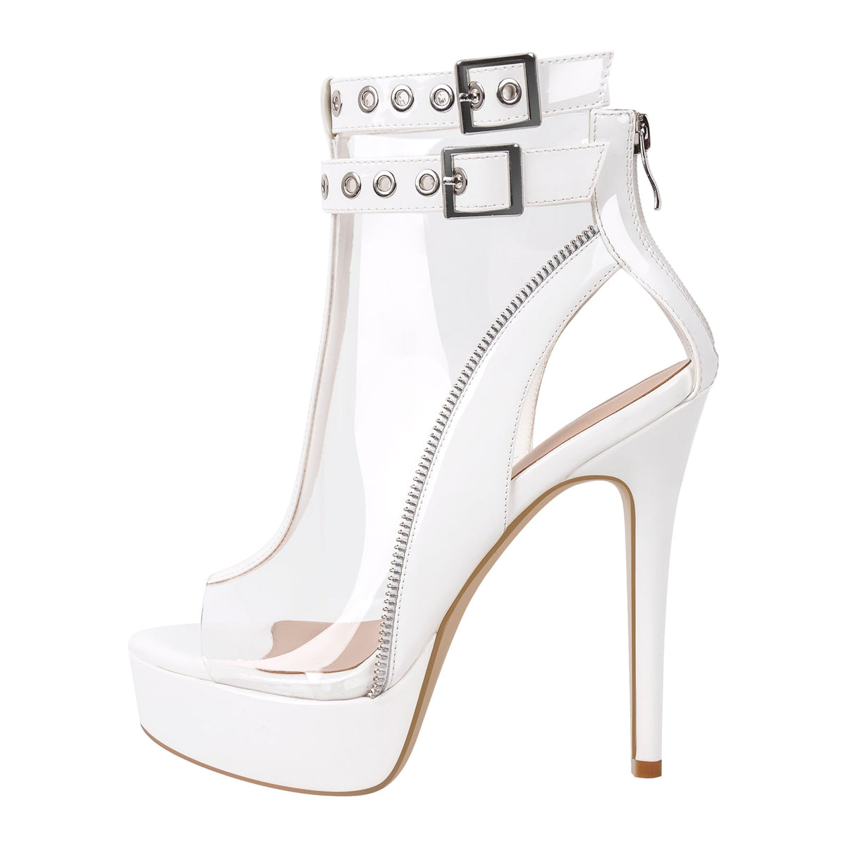 Clear Open Toe Stiletto Buckle Zipper Platform Sandals - Onlymaker Hot Sale
