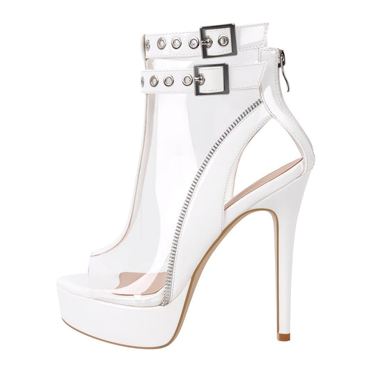 Clear Open Toe Stiletto Buckle Zipper Platform Sandals - Onlymaker Hot Sale