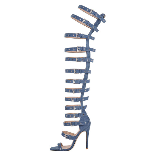 Denim Hollow Buckle Starp Thigh Stiletto Bootie Sandals - Onlymaker Classic