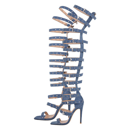 Denim Hollow Buckle Starp Thigh Stiletto Bootie Sandals - Onlymaker Classic