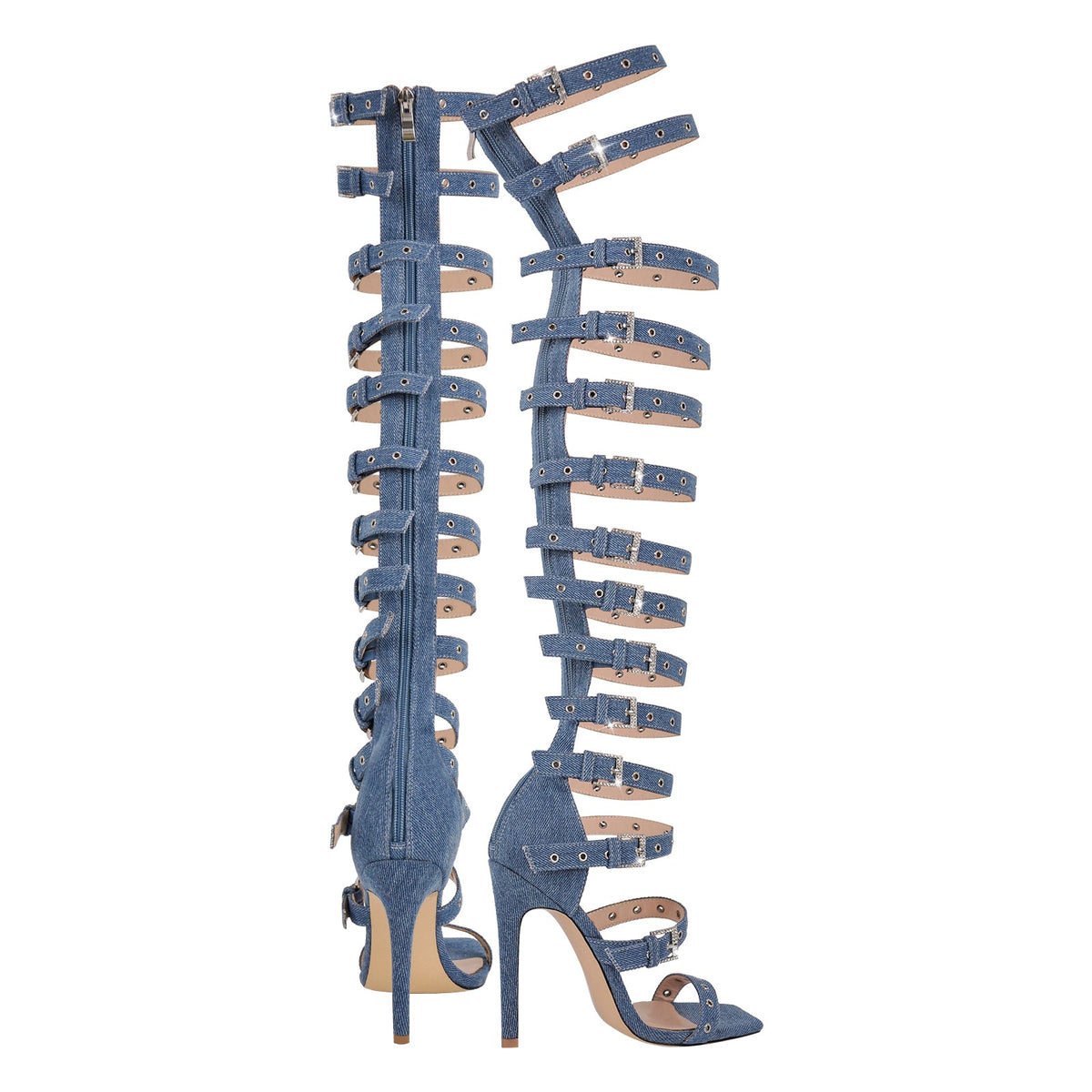 Denim Hollow Buckle Starp Thigh Stiletto Bootie Sandals - Onlymaker Classic