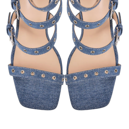 Denim Hollow Buckle Starp Thigh Stiletto Bootie Sandals - Onlymaker Classic