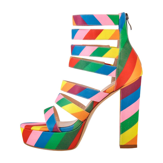Platform Chunky Heel Rainbow Straps Sandals - Onlymaker Best Price