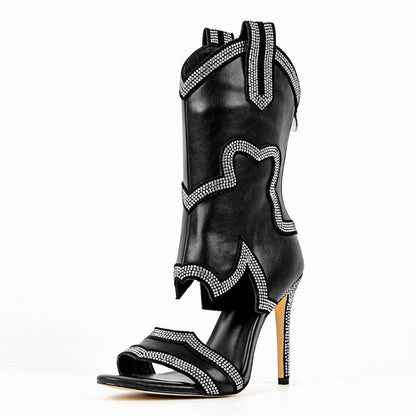 Rhinestone Cutout Back Zipper Ankle Bootie Sandals - Onlymaker Value