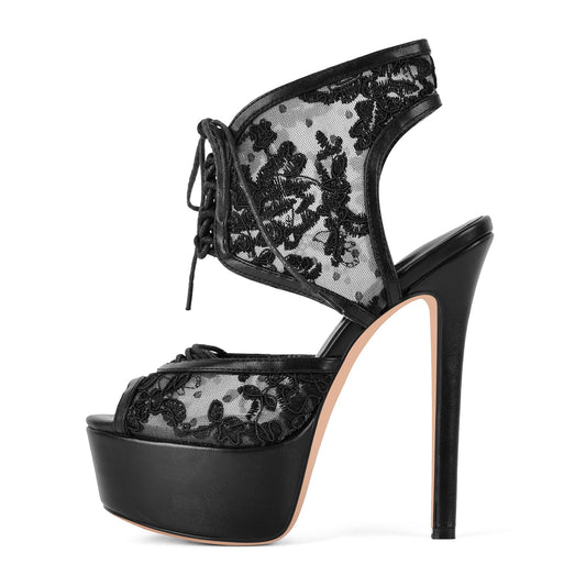 Platform Mesh Lace-up Slingback Sandals - Onlymaker Hot Sale