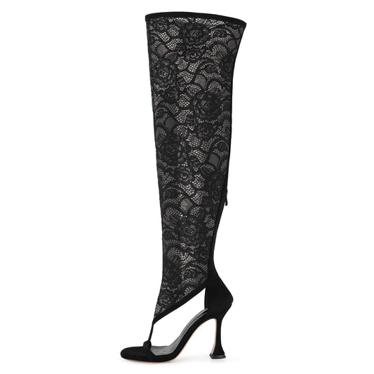 Round Toe Lace Mesh Thigh High Bootie Sandals - Onlymaker Featured