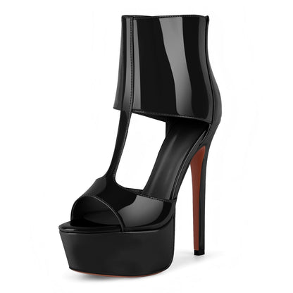 Round Toe Platform Patent Leather Bootie Sandals - Onlymaker Best Seller